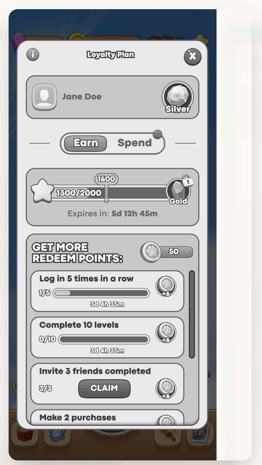 Progressed — Earn/Spend toggle, progression scale, missions and redeem balance.