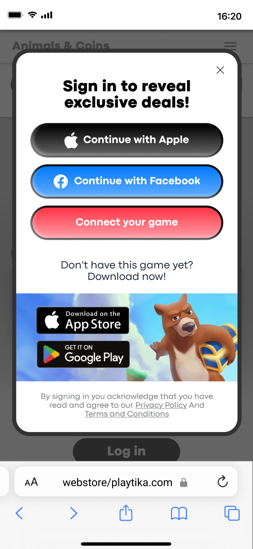 Store login — Apple / Facebook / Connect your game. Identification required before redemption.