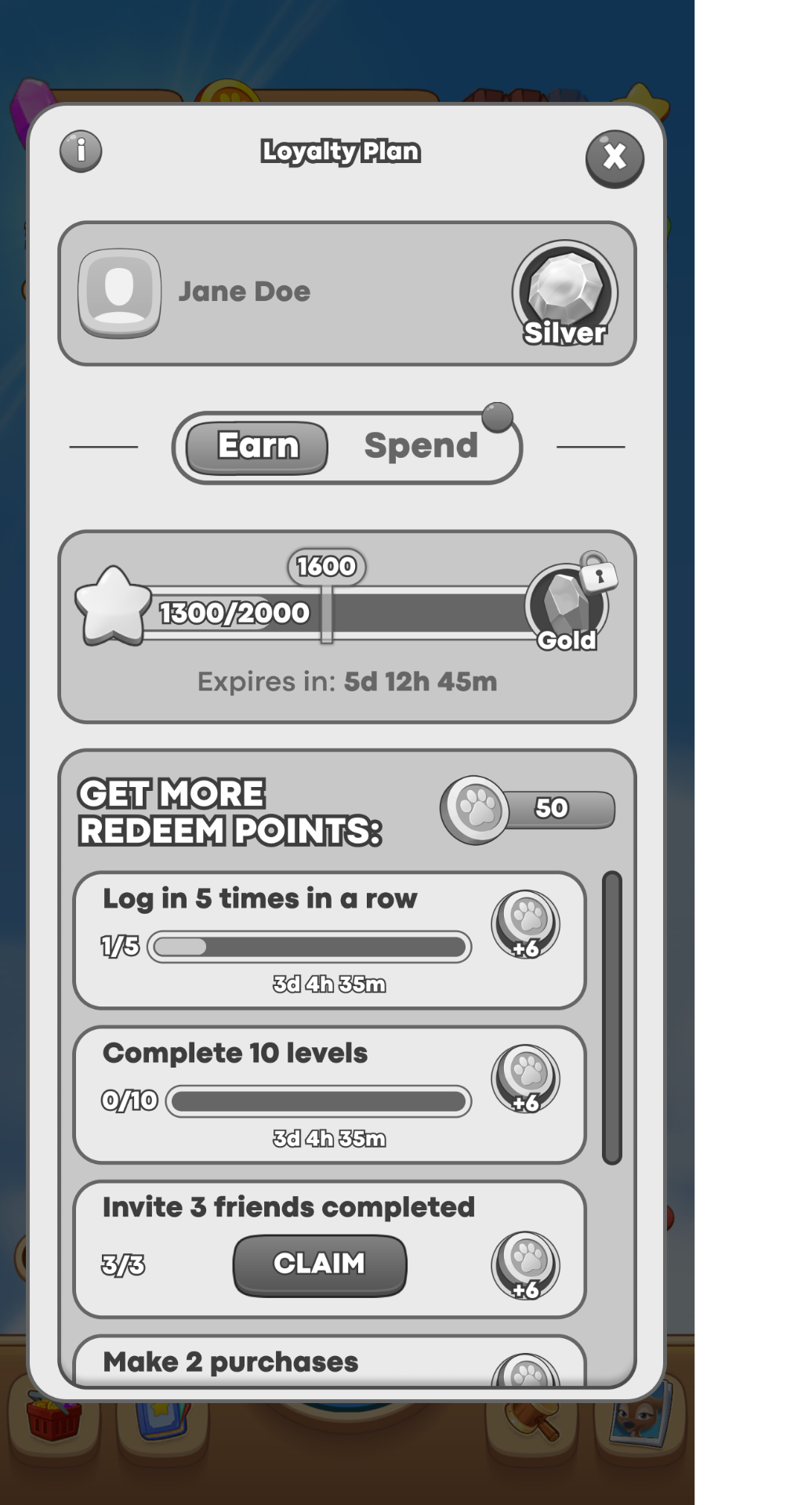 Earn — progression scale to next tier, season countdown and active missions.