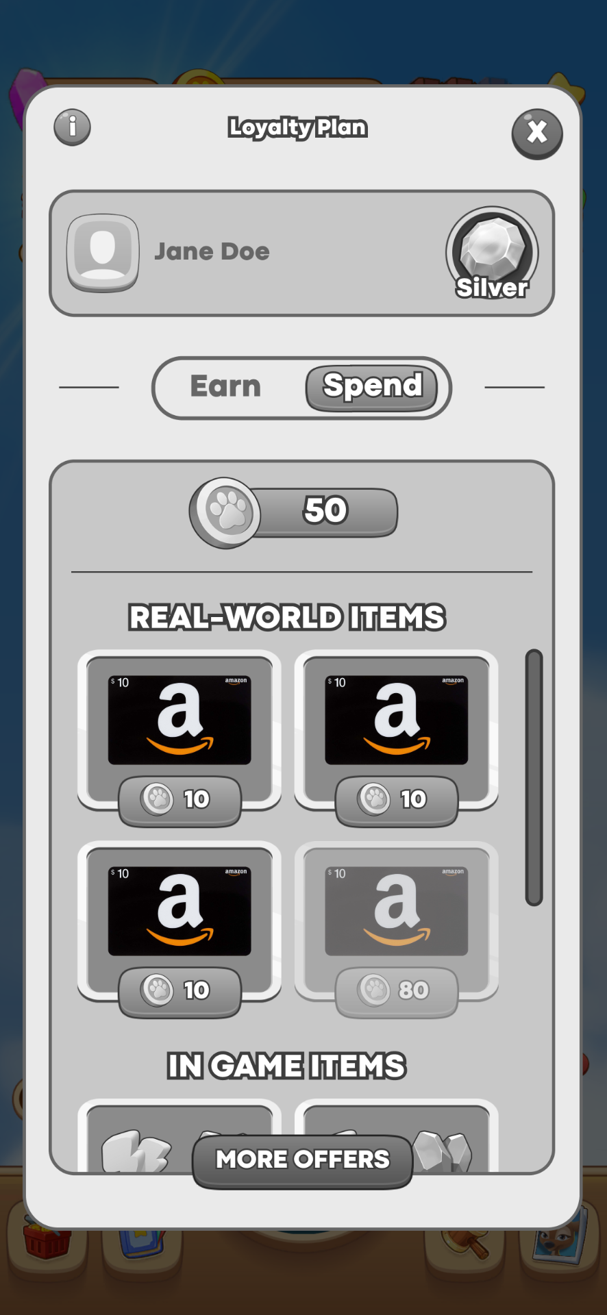 Spend — Redeem Points balance, real-world and in-game items.