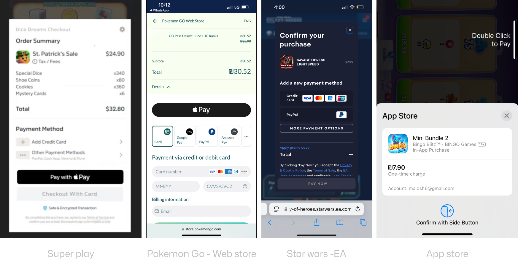 Benchmark sweep — Super Play, Pokémon GO Web Store, Star Wars (EA), Apple App Store. Patterns in hierarchy, payment-method ordering, and trust signals.