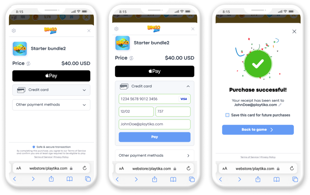 End-to-end player flow — purchase summary → expanded credit card form → confirmation receipt.