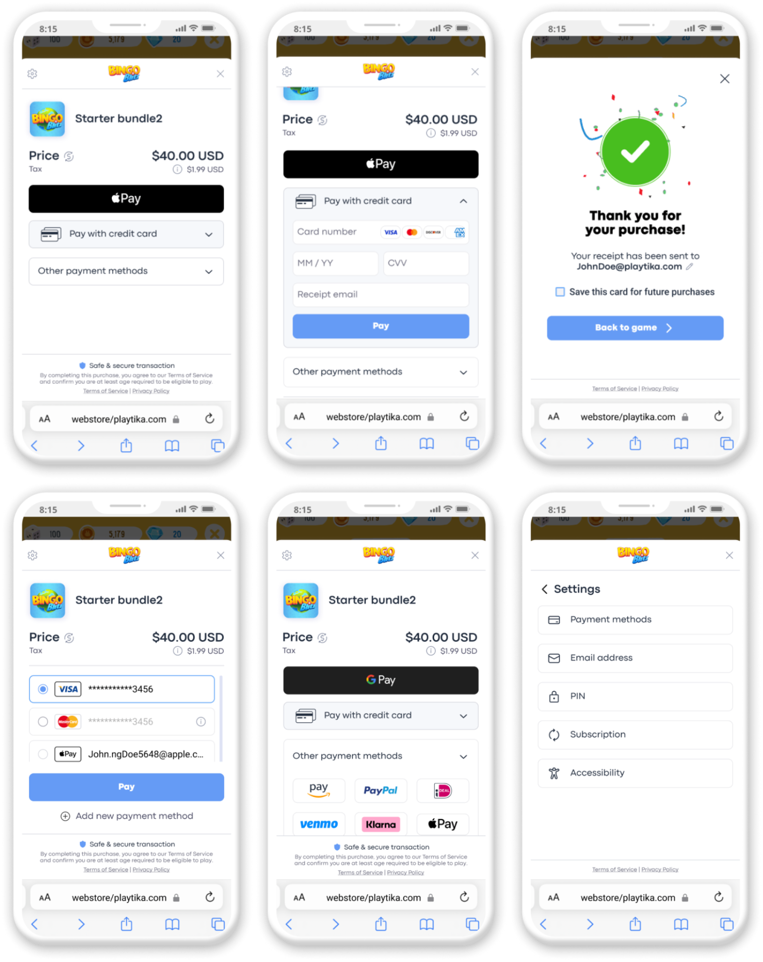 High-fidelity screens — product view, credit card form, success state, saved payment methods, alternative payment methods, and settings.