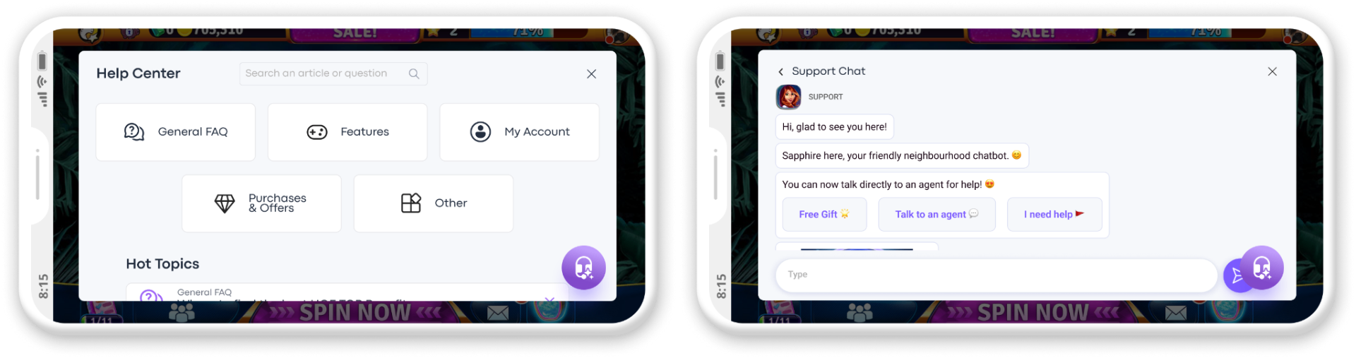 In-game Help Center and Support Chat — entry point, category cards, and a chatbot that hands off to a live agent without leaving the game.