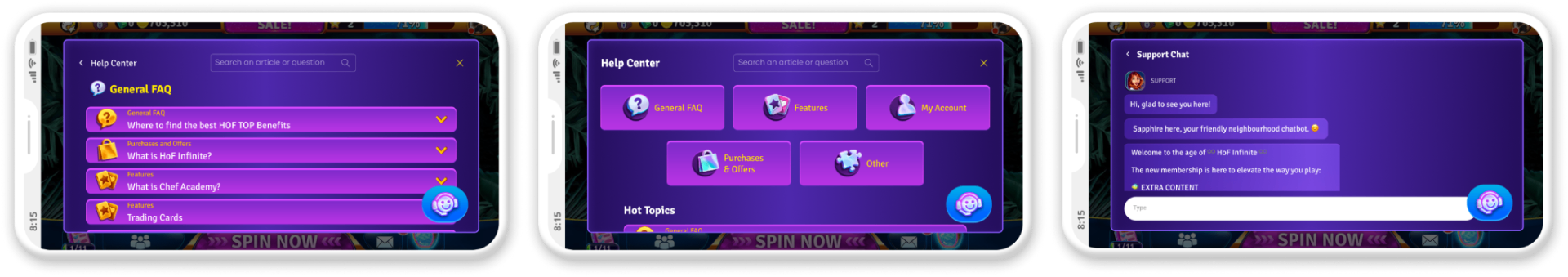 Same chat surface, three studio themes — fully restylable Help Center, category grid and live conversation.