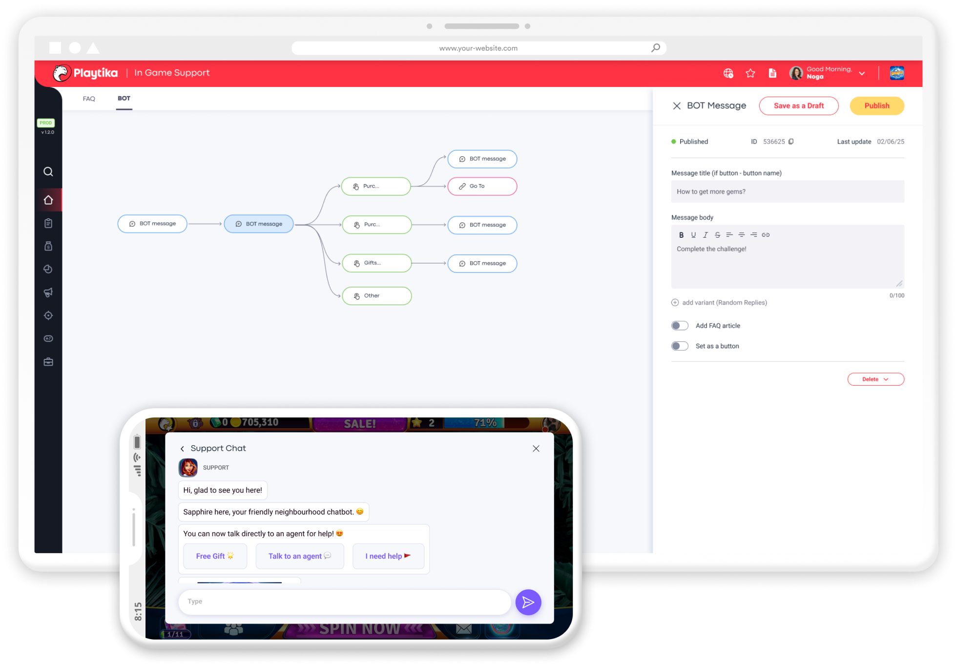 Two surfaces, one system — the studio-side BOT configuration tool and the in-game player chat.
